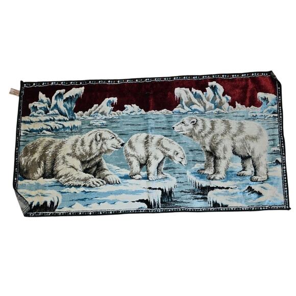 Vintage 70s Polar Bear Tapestry Rug Wall Hanging Velour Velvet 20x38 Retro